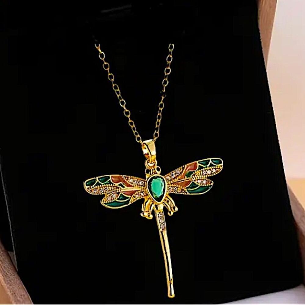 Gold Emerald Dragonfly Pendant Necklace